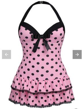 Pink 1940s Halter Polka Dots Bow One-Piece Swimsuit